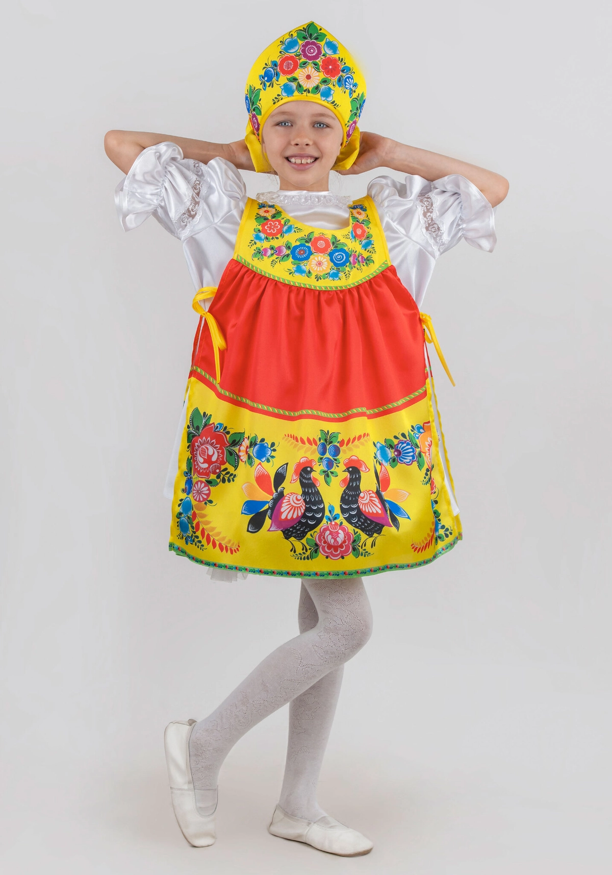 Костюм для девочки с городецкой росписью с кокошником (рост 122-128 / цвет красный)