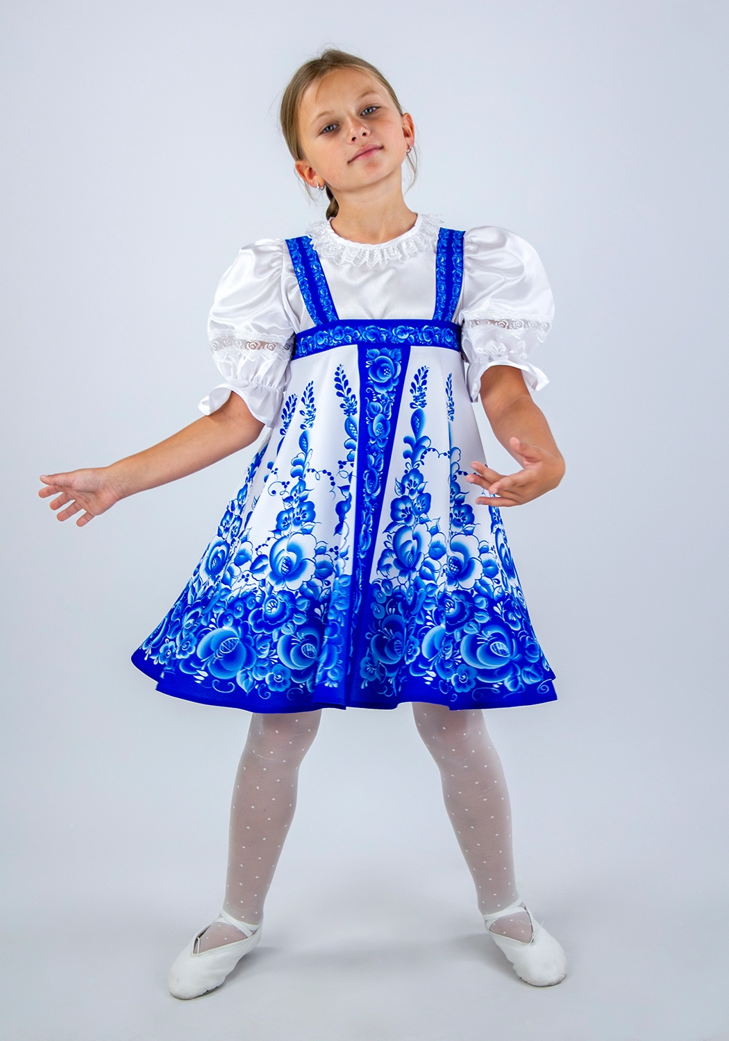 Русский народный сарафан для девочки Гжель расписная (рост 116-134 / Готовое изделие)