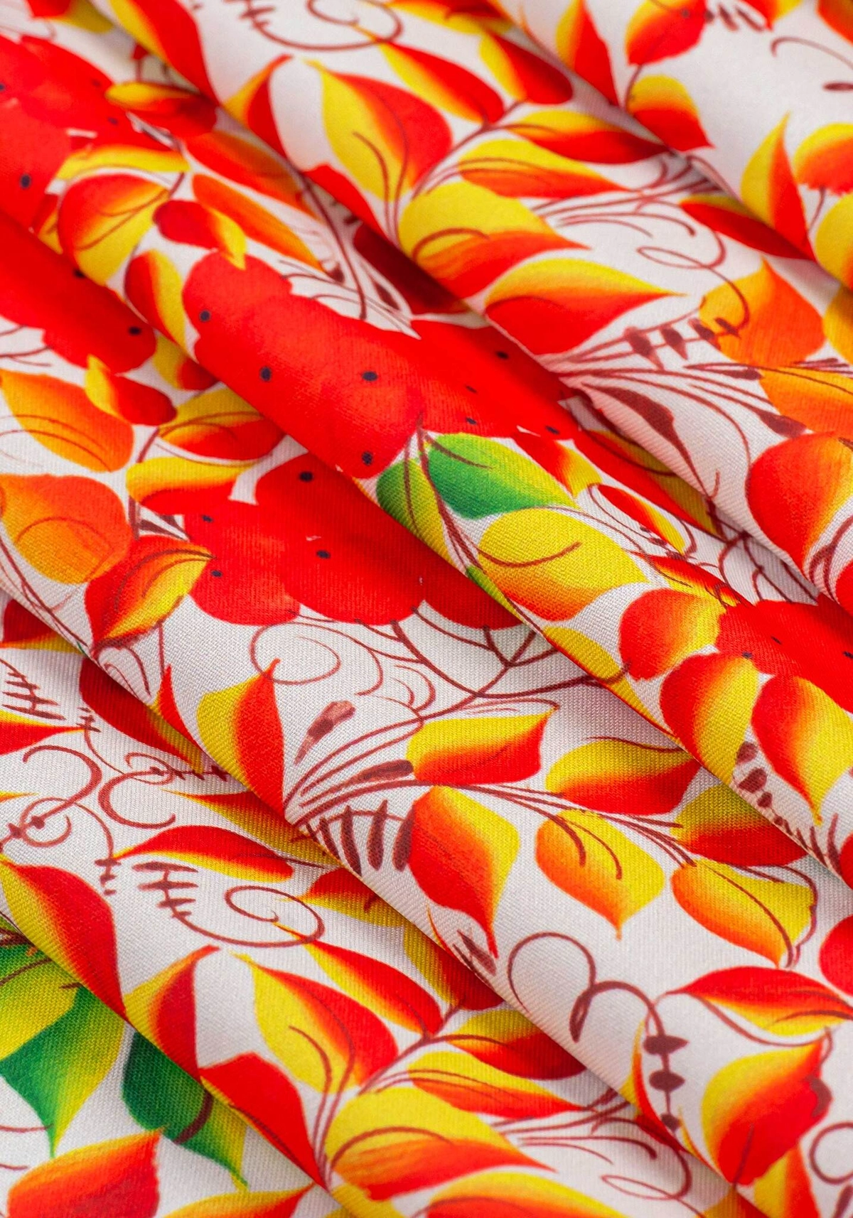 Ткань Свободно-кистевая осенняя тематика с рябиной (Креп-сатин)