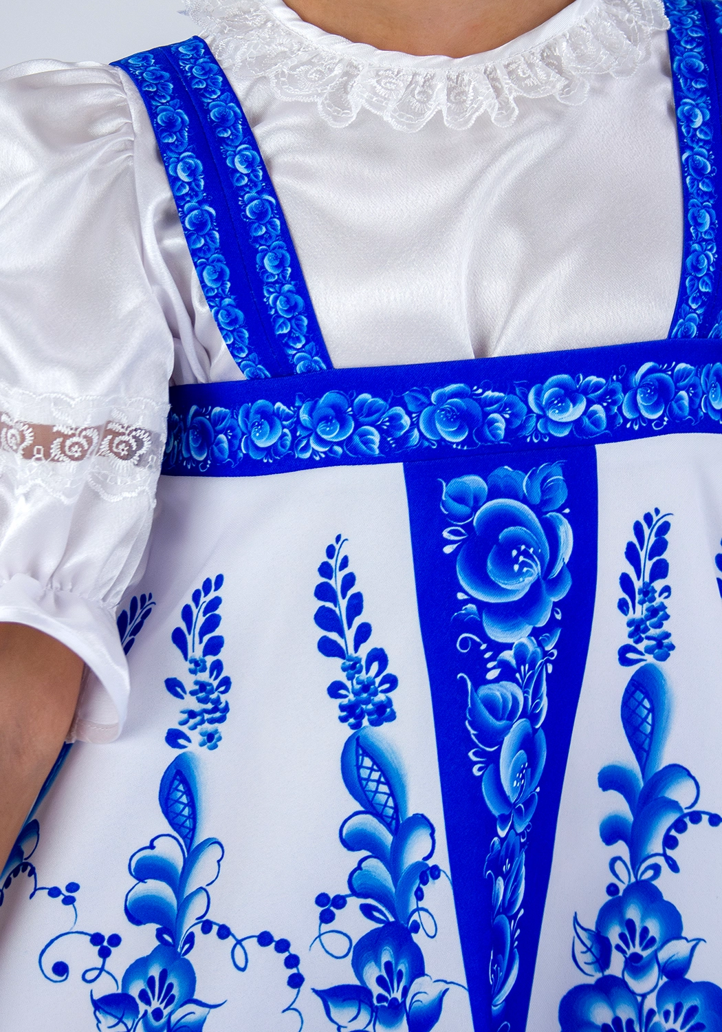 Русский народный сарафан для девочки Гжель расписная (рост 116-134 / Готовое изделие)