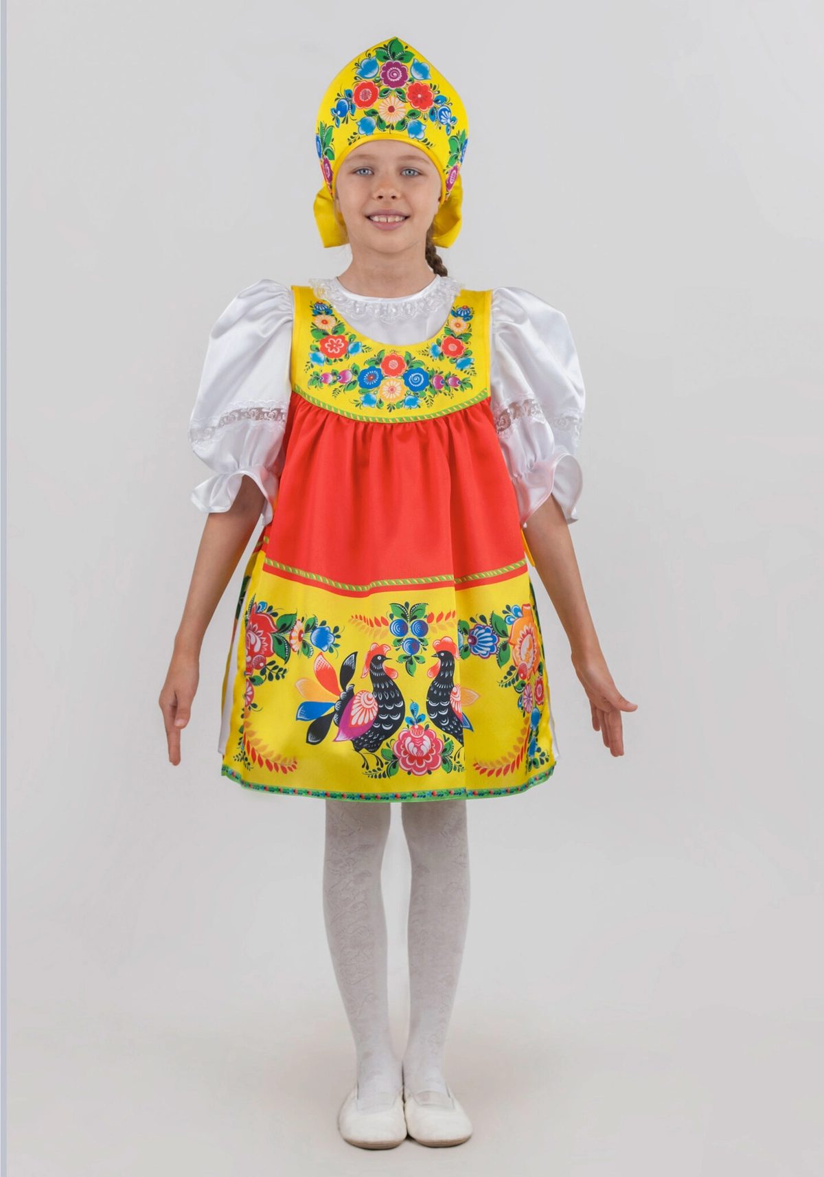 Костюм для девочки с городецкой росписью с кокошником (рост 122-128 / цвет красный)