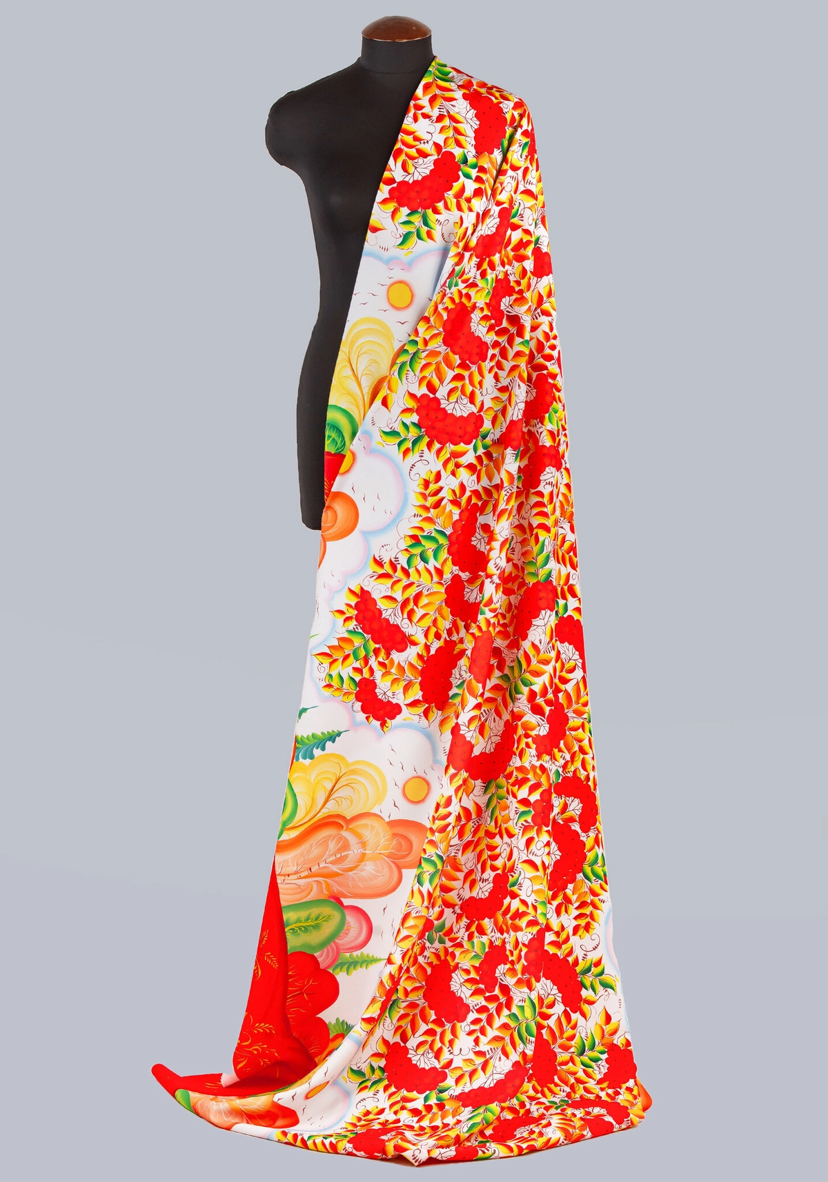 Ткань Свободно-кистевая осенняя тематика с рябиной (Креп-сатин)