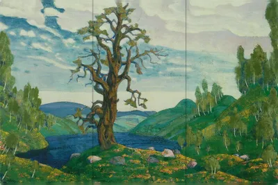 Репродукция картины Н.К. Рерих "Поцелуй земле"  Декорация / Занавес сцены (3м*3м / ГОТОВЫЙ занавес)