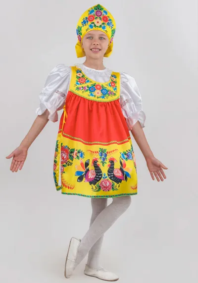 Костюм для девочки с городецкой росписью с кокошником (рост 122-128 / цвет красный)